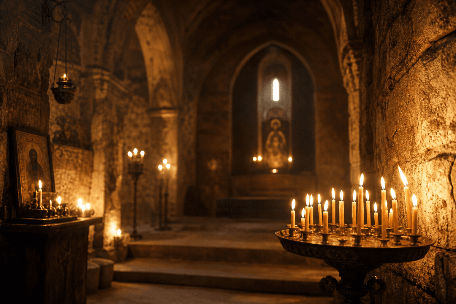 Van medyumları kilise iç mekânı mum ışığı spiritüel atmosfer